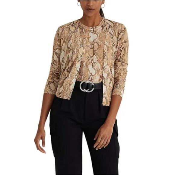 LAUREN Ralph Lauren Tan Snakeskin Print Cotton-Blend Cardigan Size Small New - Picture 5 of 9